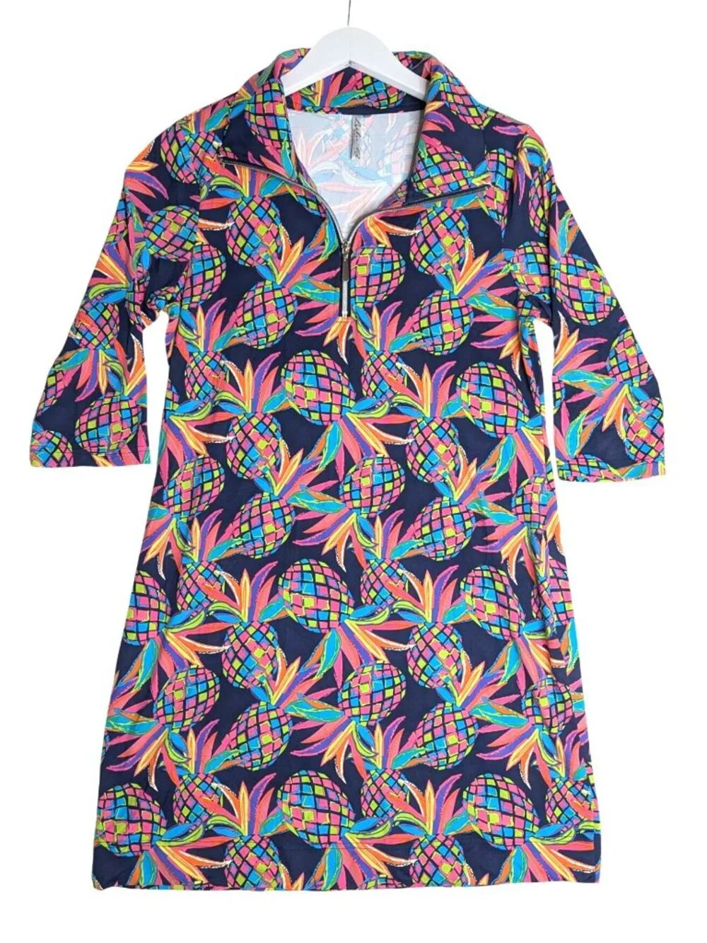 Lulu B Half-Zip Pineapple Print Dress 3/4 Sleeve Navy Multicolor Size M - Picture 1 of 9